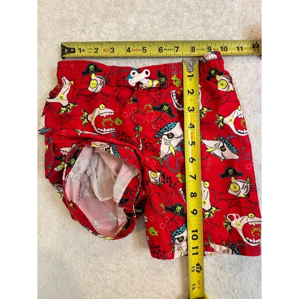 OP Ocean Pacific Boys Red Pirate Shark Swim Trunks Size 24M Shorts Mesh‎ Lining